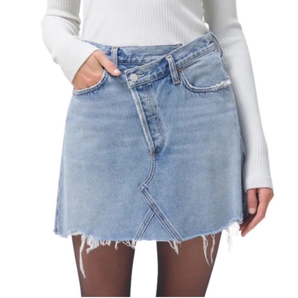 Agolde Light Blue Distressed Denim Mini Skirt